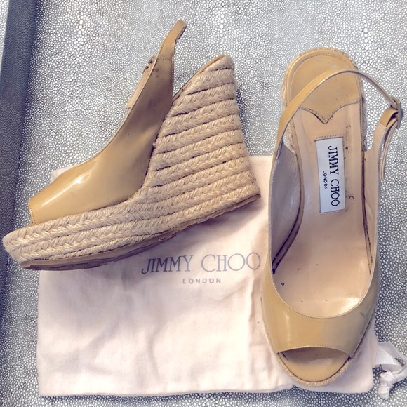 Jimmy Choo Shoes - JIMMY CHOO Espadrilles Wedge Straw Nude Patent Leather Size 38, 1-4.5” Sm stain